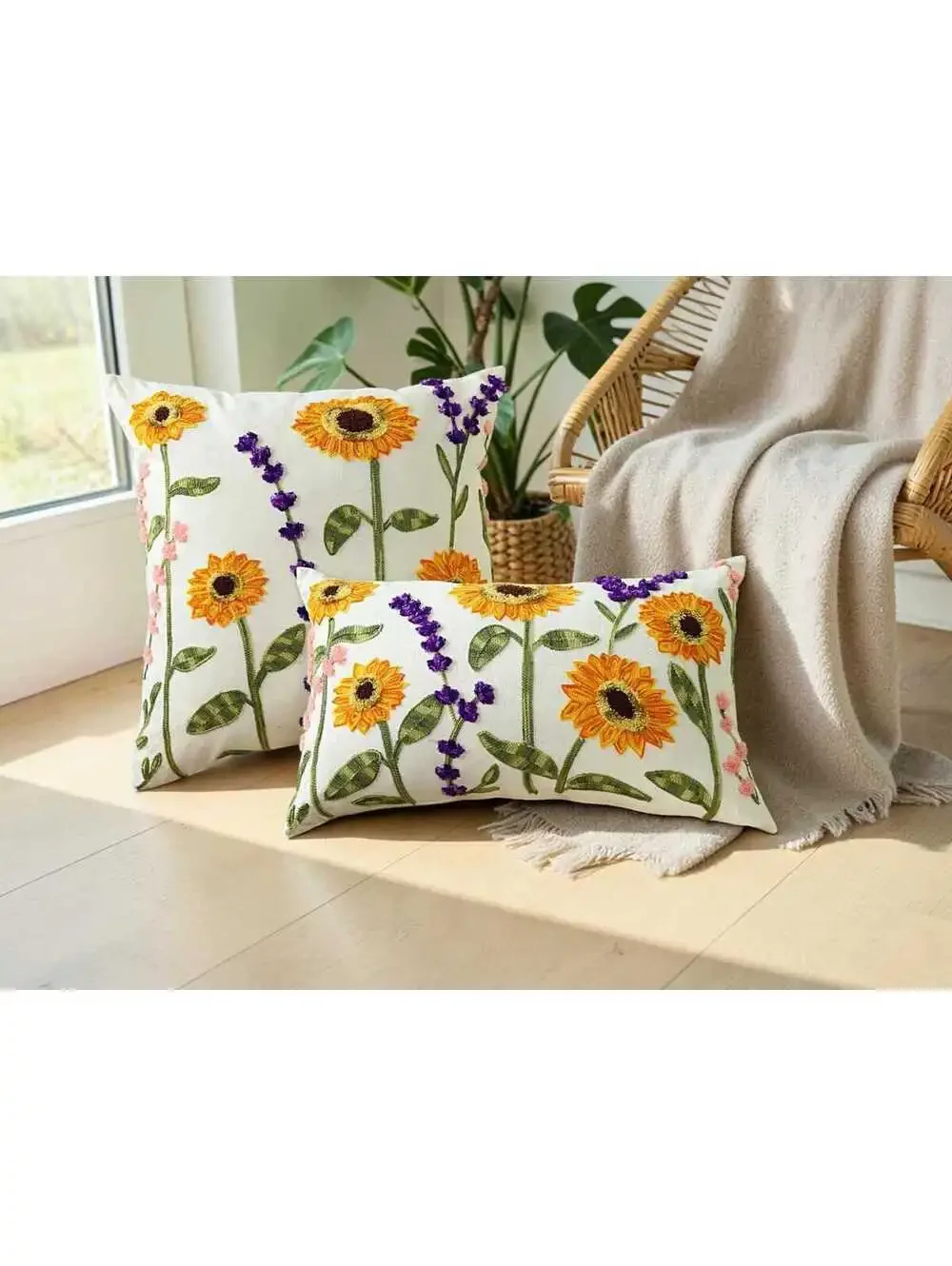 Set of 2 Decorative Throw Pillow Covers with Sunflower and Lavender Embroidery